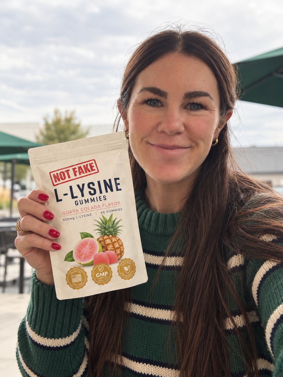 Not Fake founder holding a pouch of L-Lysine Gummies